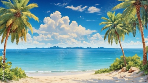 A peaceful beach scene in Thailand, exotic tropical beach landscapes and blue sea under a blue background.