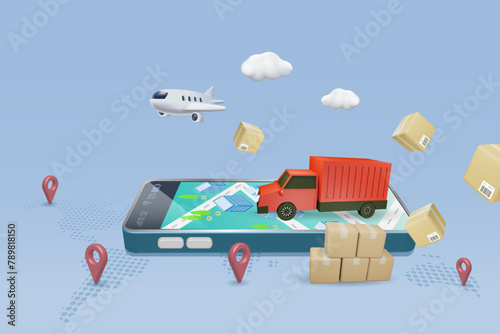 Global logistic online delivery and distribution. Truck and airplane on mobile map on smartphone with shipment box and pin point. 3D vector.