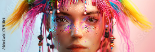 Stunning portrait of a girl with colorful makeup, hair, and nail polish. Close-up shot with vivid colors highlighting her manicure and hairstyle. A Girl's Colorful Makeup and Nail Art Take Center Sta
 photo