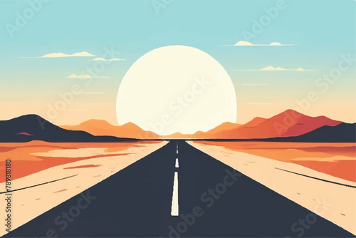 Scene with long road through desert illustration. Road through hot Desert. Vector Illustration. Desert landscape illustration with beautiful sunset view. photo