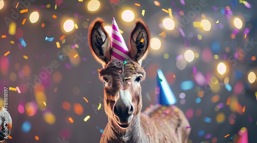 Joyful donkey wearing party hat celebrating festive occasion with confetti and bokeh lights