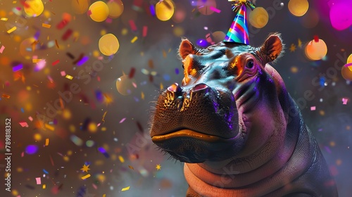 Joyous hippopotamus in party hat celebrating festive occasion with bokeh lights and confetti shower - birthday or new year bash concept