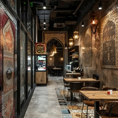 modern interior of a shawarma bar, with an area of ​​40 m2,with a small amount of Arabic elements. on one wall there is a glass entrance with panoramic windows, the other 3 walls are without windows.