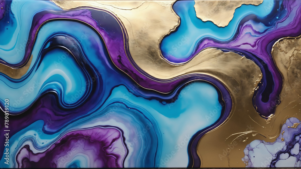 Luxury abstract fluid art painting in alcohol ink technique, mixture of blue and purple paints. Imitation of marble stone cut, glowing golden veins