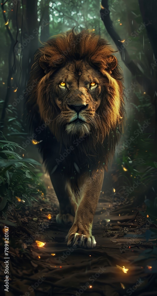 Lion traversing forest, leaves beneath feet, glowing eyes