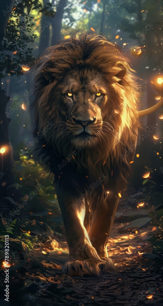  Lion traversing forest with fireflies in mouth, radiant backdrop glow