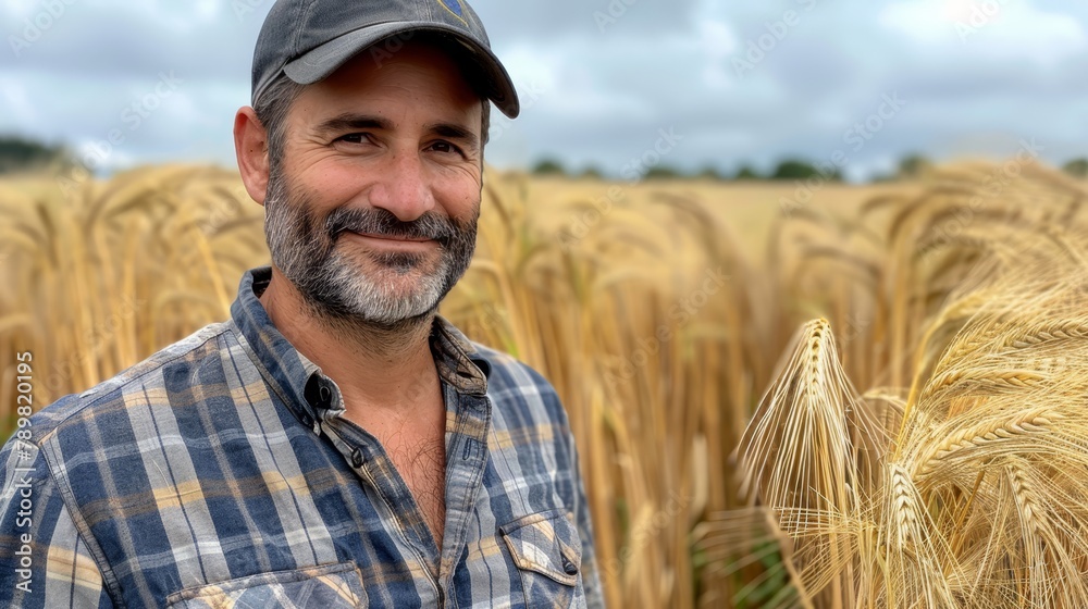 A man stands in a wheat field, donning a hat and a baseball cap A man stands in a wheat field, donning a hat and a baseball cap