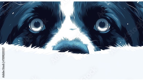  A tight shot of a black-and-white pooch's face, showcasing snow on its nostrils