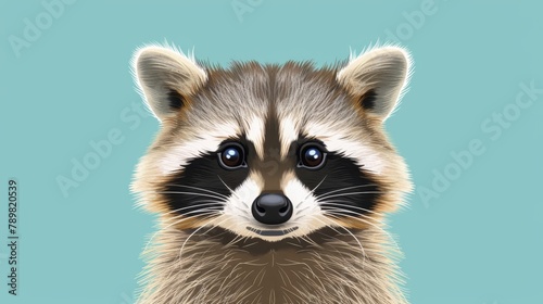   A crisp raccoon face against a blue backdrop Background softly blurs raccoon head © Jevjenijs