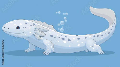   A large  white lizard with speckled body and tail stands proudly on hind legs against a blue backdrop Exudes bubbles from its mouth