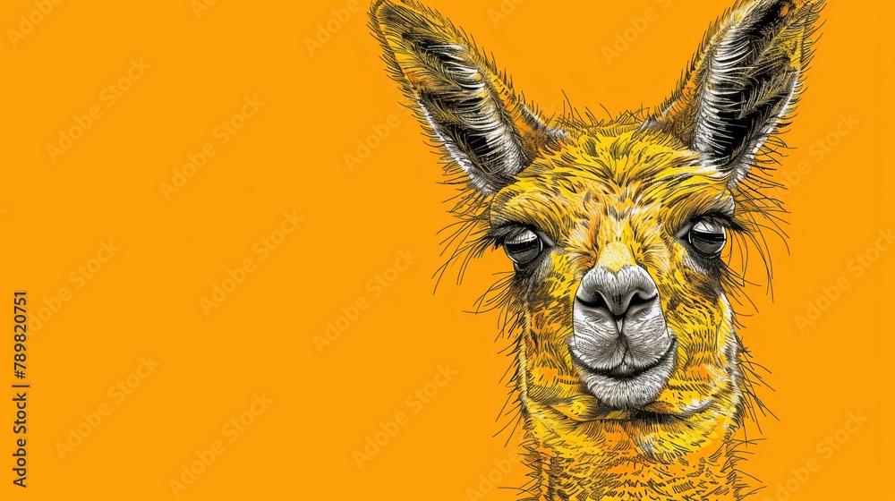 Obraz premium A llama's face in tight focus against a yellow backdrop, framed by a black border delineating its head ..Or, for a