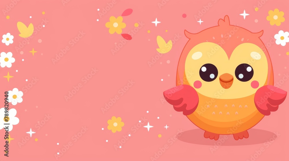   A charming bird with large eyes poses before a pink backdrop adorned with white and yellow blooms, plus stars