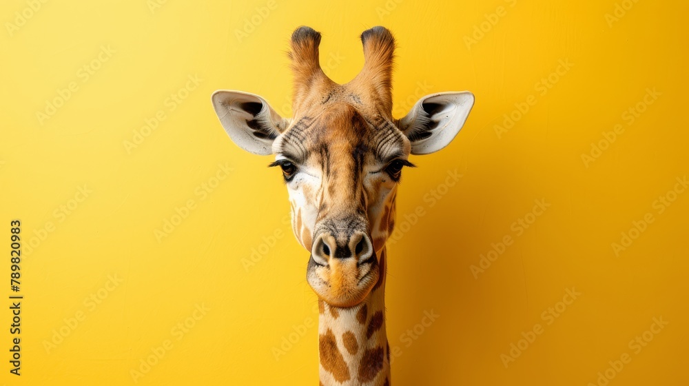   A tight shot of a giraffe's head against a yellow backdrop, featuring a yellow wall in the distance