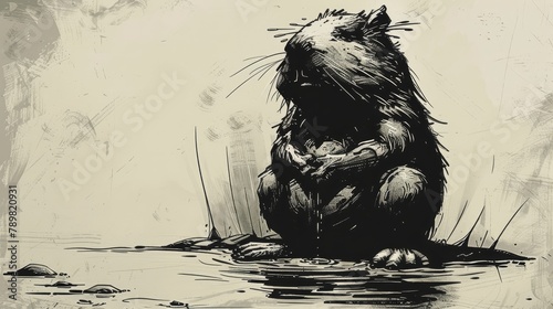   A black-and-white drawing of a beaver, seated on hind legs in a puddle, mouth agape photo