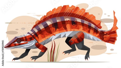  An illustration of a lizard, orange and purple striped on its back legs and tail, stands on its hind legs