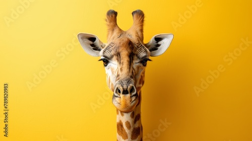  A tight shot of a giraffe's head against a yellow backdrop, featuring a yellow wall in the distance
