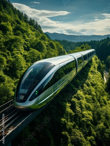 Aerial shot of a futuristic magnetic train traveling through a scenic landscape, emphasizing speed and efficiency