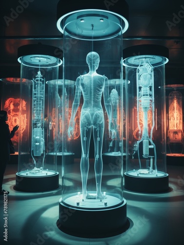 Artistic display in a science museum, showing historical Xray tubes and the evolution of radiographic equipment photo