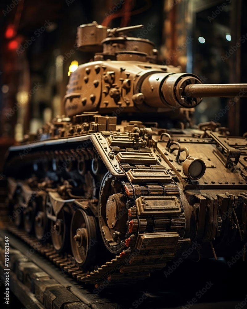 Closeup of a vintage World War II tank preserved in a museum, details of the armor and cannon highlighted under soft lighting