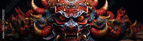 Closeup of a handcrafted demon mask used in traditional ceremonies, displaying rich textures and cultural symbolism photo