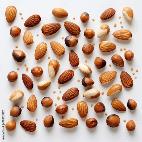 Creative display of nuts forming a pattern, shot from above, on a sleek, modern white background