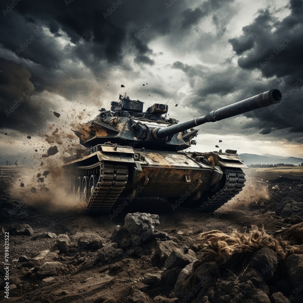 Military tank in action on a rugged terrain, dust and debris flying, under a dramatic cloudy sky