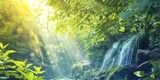  sunlight streams through tree leaves, cascading water