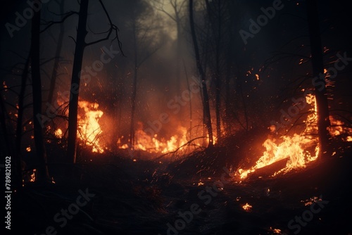 Intense closeup of blazing fire in a dark forest at night  flames leaping high  creating a dramatic  urgent scene