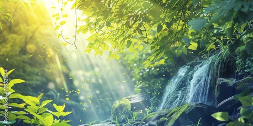  sunlight streams through tree leaves  cascading water