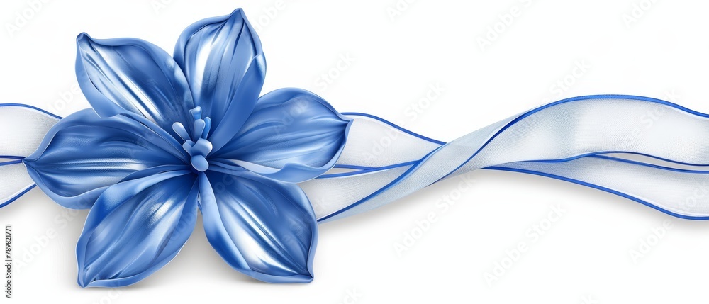 A blue and white ribbon, centered with a single blue flower, lies ...