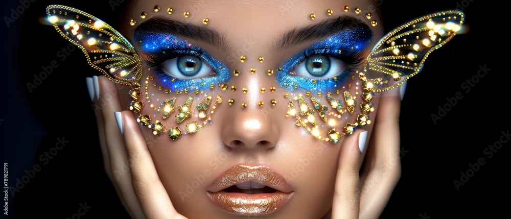 A close-up of a woman's face adorned with golden and blue makeup, topped with butterfly wing accessories A close-up of a woman's face adorned with golden and blue makeup, topped with butterfly wing accessories