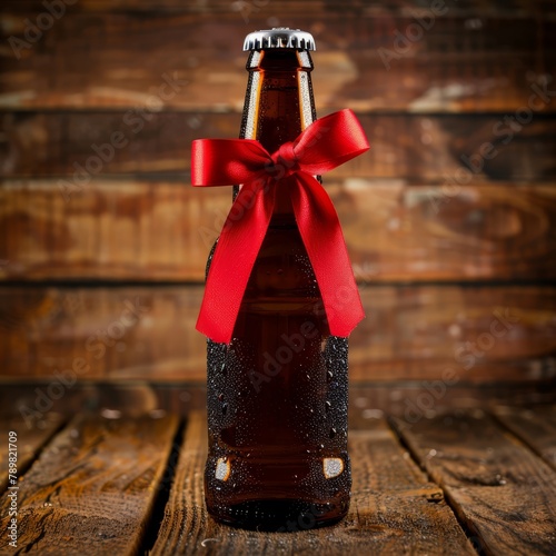  A bottle of beer, adorned with a red ribbon, sits on a weathered wooden table Behind it stands a sturdy wooden wall