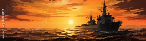 Sunset silhouette of a destroyer on patrol, its outline stark against a fiery sky, conveying peacekeeping and vigilance