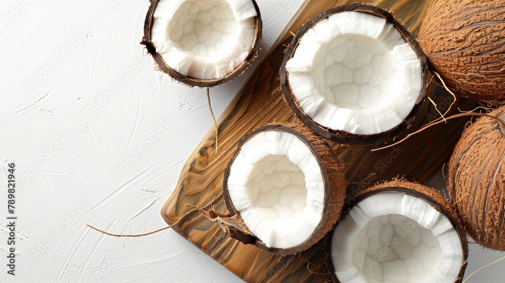 A wooden cutting board holds coconuts atop a white table Nearby rests a split coconut A wooden cutting board holds coconuts atop a white table Nearby rests a split coconut