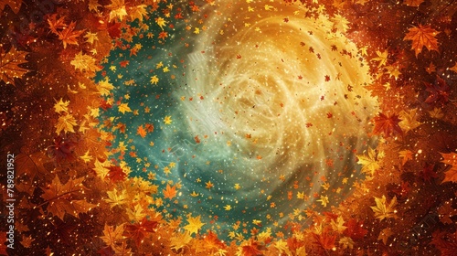   A vibrant fall scene depicted in an image, featuring stars at its center, encircled by a spiraling arrangement of shedding leaves photo