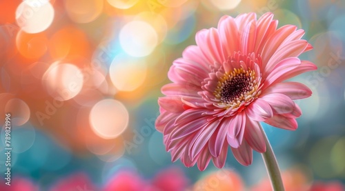  A tight shot of a pink bloom against a backdrop of softly blurred lights, and blurred foreground flowers