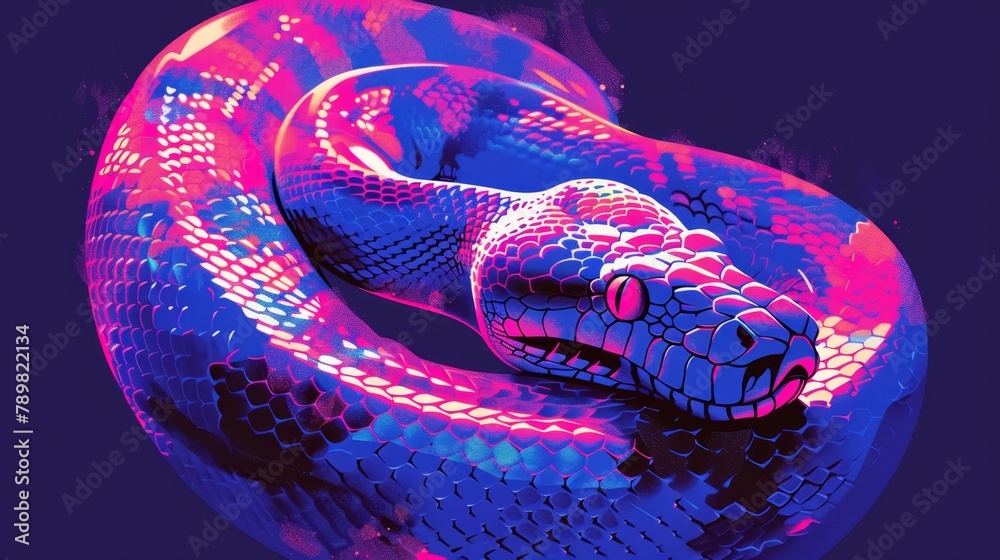   Close-up of a snake on a blue and pink background, with its head reflected in the water