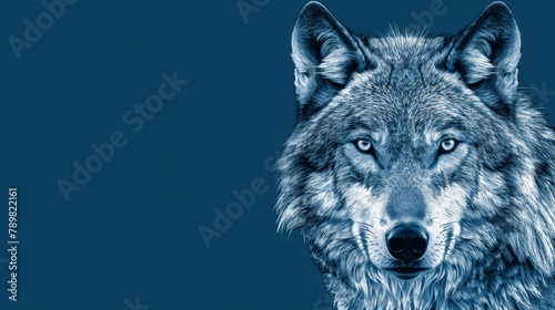  A wolf's face, tightly framed against a blue backdrop The wolf's head slightly blurred