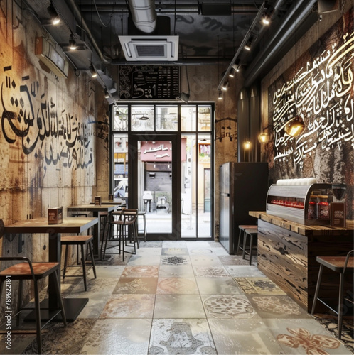 modern interior of a shawarma bar, with an area of ​​40 m2,with a small amount of Arabic elements. on one wall there is a glass entrance with panoramic windows, the other 3 walls are without windows.