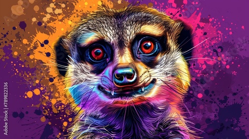  A tight shot of a raccoon against a purple backdrop, adorned with paint splatters on its face