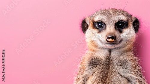  Meerkat on pink wall, standing tall on hind legs, front paws against wall, gazes at camera