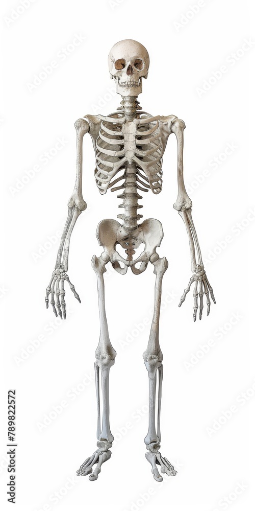   A skeleton stands with one foot on the ground and one hand supporting its lower back