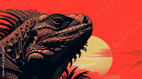   A tight shot of an iguana against a red backdrop, with the sun setting in the background © Jevjenijs