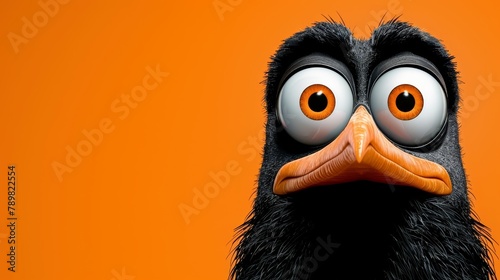   A surprised bird in tight focus against a vibrant orange backdrop photo