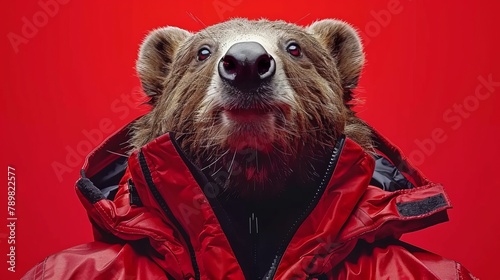  Brown bear in red jacket, gazing shocked , against red backdrop