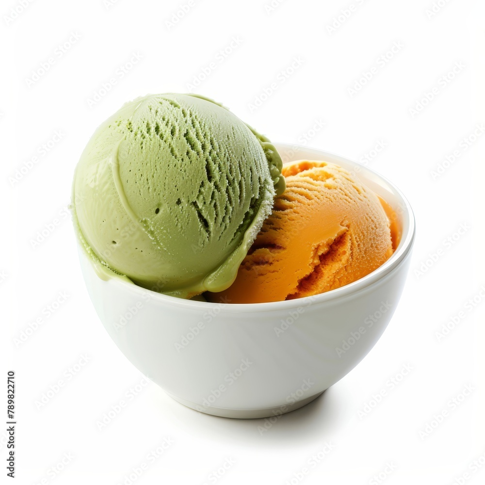 Two scoops of green and orange ice cream in a pristine white bowl, against a pristine white surface, set against a plain white background Two scoops of green and orange ice cream in a pristine white bowl, against a pristine white surface, set against a plain white background