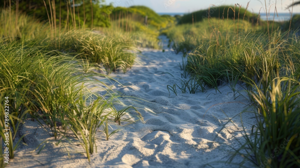 A path through the sand, winding towards a beach Foreground features sea oats and lush grass A path through the sand, winding towards a beach Foreground features sea oats and lush grass