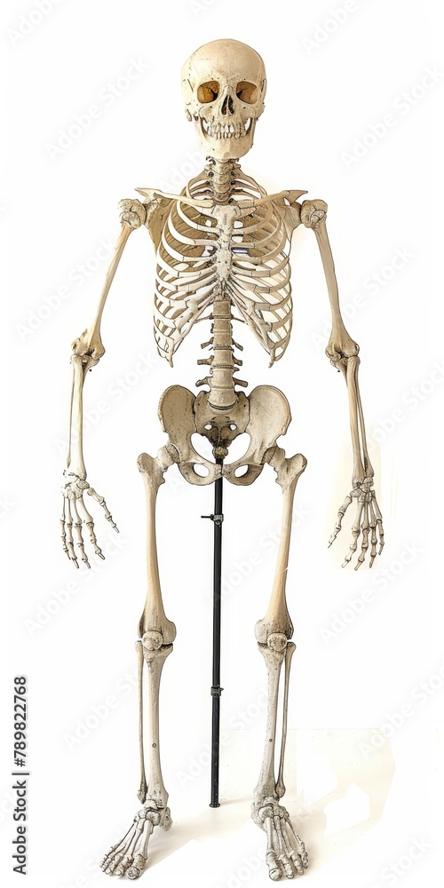 A human skeleton stands on one leg, raising the other leg laterally to its side A human skeleton stands on one leg, raising the other leg laterally to its side