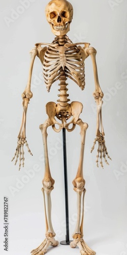  A human skeleton on a stand, displaying the lower limbs , along with the thorax and upper