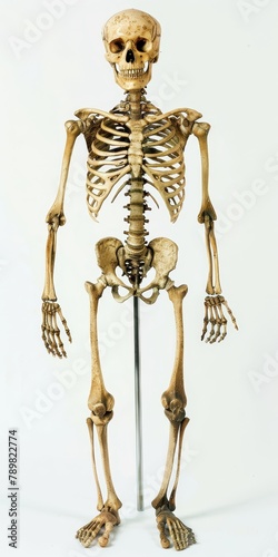   A skeleton atop a metal pole, arms and legs outstretched, head tilted to the side photo